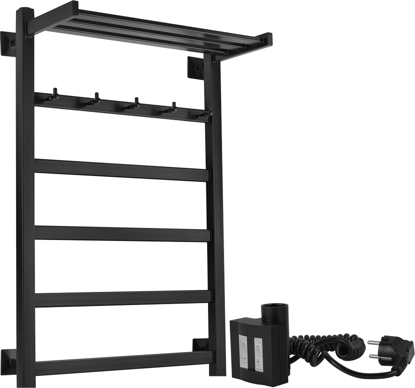 Полотенцесушитель электрический Secado Корсико 1 КСП , 85x55 см, подключение справа, матовый черный, лесенка, с полкой