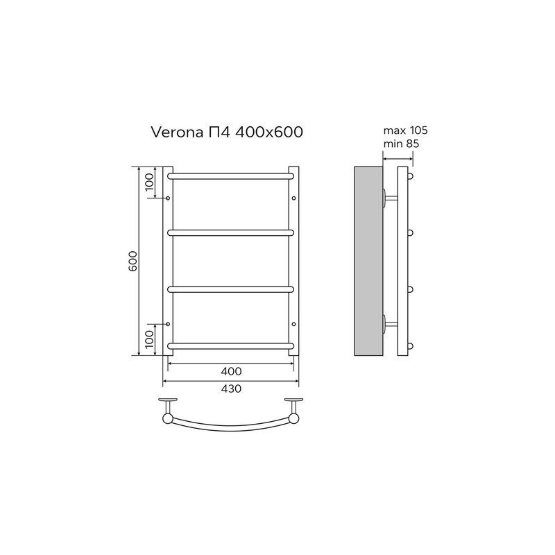 Полотенцесушитель Azario VERONA 400/600 водяной 4 пер. (1"-1/2" Полированный)
