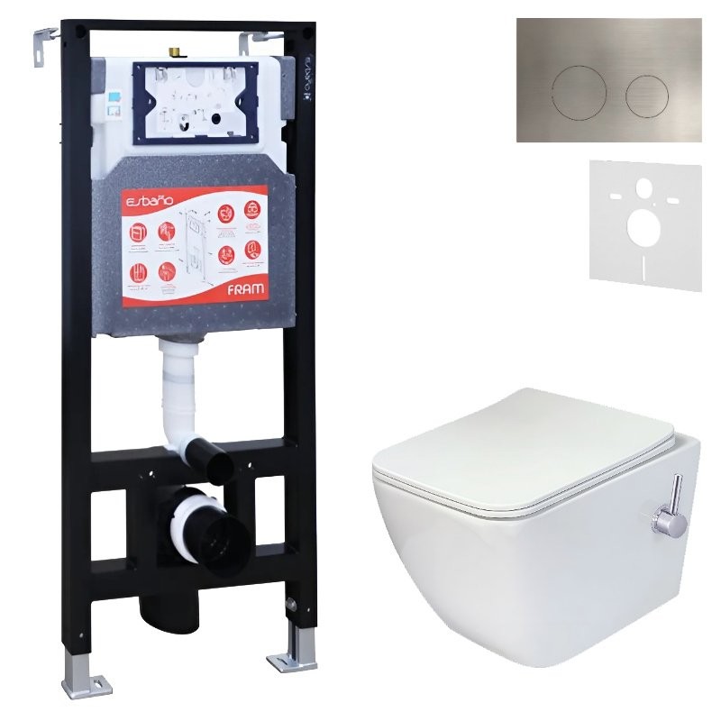 Комплект 3 в 1 Унитаз подвесной Esbano ESWBLEONWN + Инсталляция Fram + Кнопка ESINMTK60ST цвет сатин