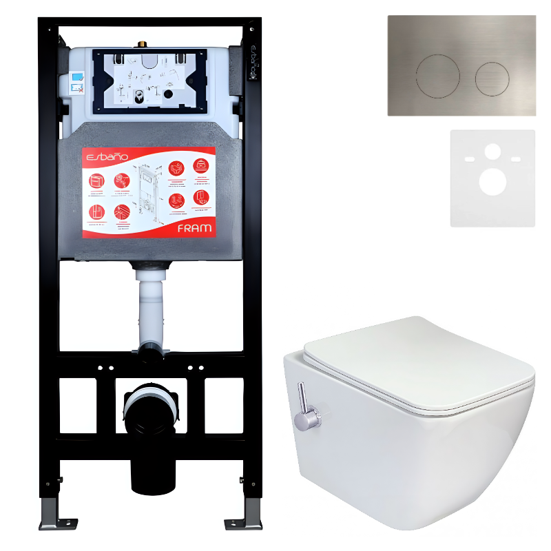 Комплект 3 в 1 Унитаз подвесной Esbano ESWBLEONWN + Инсталляция Fram + Кнопка ESINMTK60ST цвет сатин