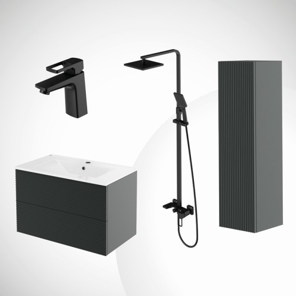 Комплект IDDIS 5в1: тумба подвесная с умывальником Bild 80 см + пенал Bild подвесной + душевая система Bild + смеситель для умывальника Bild