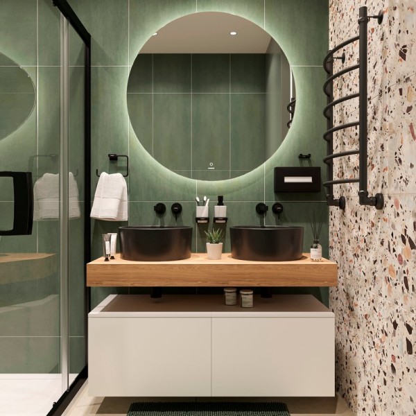 Мебель для ванной комнаты STWORKI Ольборг 120 столешница дуб французский, без отверстий, 2 тумбы 60 + 2 раковины