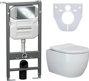 Комплект Унитаз подвесной Ceramica Nova Play CN3001 безободковый, с микролифтом + Система инсталляции для унитазов Envision CN1001CH с кнопкой смыва и шумоизоляционной панелью
