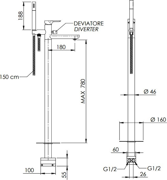 Напольный смеситель для ванны с душем Remer Infinity I08DO золотой глянцевый, С ВНУТРЕННЕЙ ЧАСТЬЮ