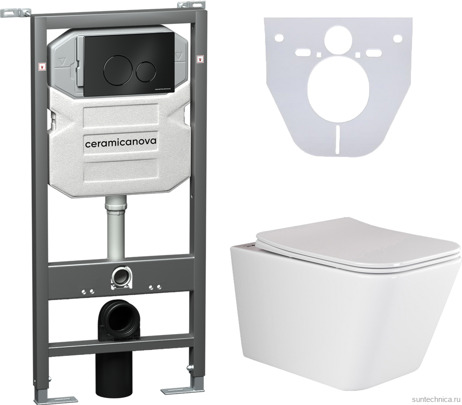 Комплект Унитаз подвесной Ceramicanova Metric CN3007 безободковый, с микролифтом + Инсталляция Envision CN1001B + Кнопка Round, черная матовая