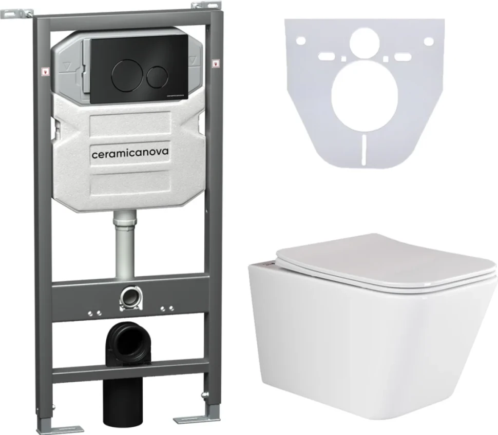 Комплект Унитаз подвесной Ceramicanova Metric CN3007 безободковый, с микролифтом + Инсталляция Envision CN1001B + Кнопка Round, черная матовая