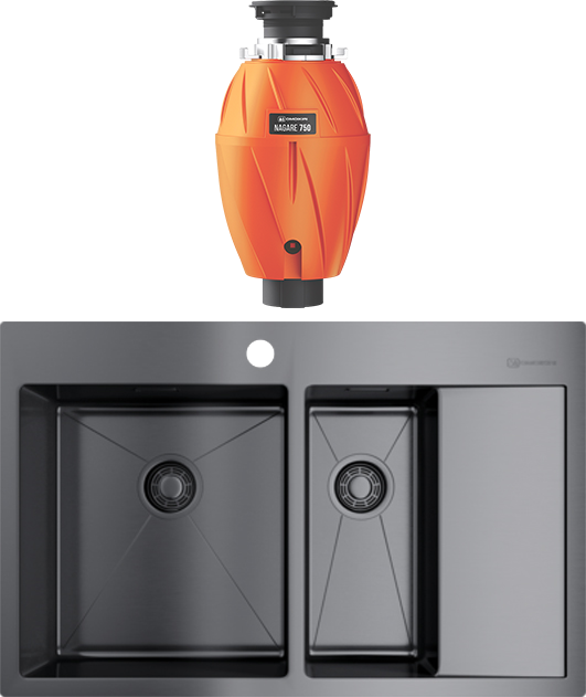 Комплект Мойка Omoikiri Akisame 78-2-GM-L вороненая сталь + Измельчитель Nagare 750