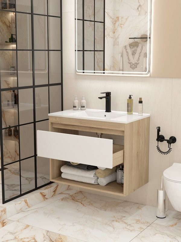 Тумба с раковиной Teymi Vitra 80 дуб, белая