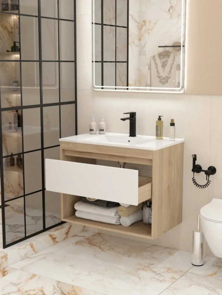 Тумба с раковиной Teymi Vitra 80 дуб, белая