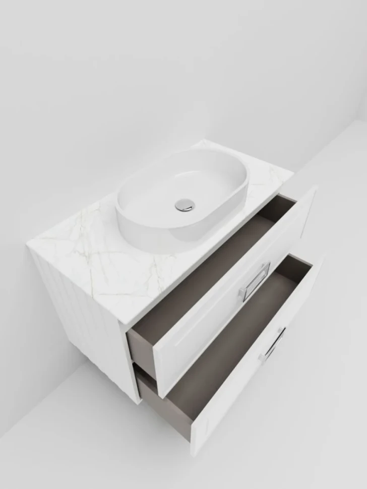 Тумба под раковину со столешницей La Fenice Cubo Twin 100 подвесная, белая, столешница белый мрамор, ручка белая