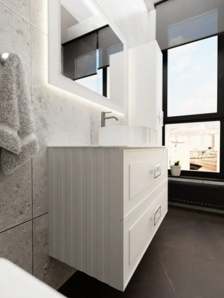 Тумба под раковину со столешницей La Fenice Cubo Twin 100 подвесная, белая, столешница белый мрамор, ручка белая