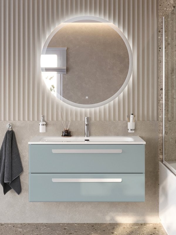 Тумба с раковиной Cezares Eco-Cer-N 100 серо-голубая матовая, раковина CZR-8073-100, ручки сатин