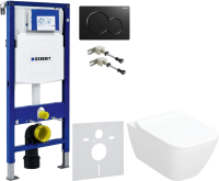 Комплект Унитаз подвесной Geberit Smyle Square 500.685.01.1 с микролифтом + Крепления Duofix 111.815.00.1 к стене + Звукоизоляция + Инсталляция UP 320 111.300.00.5 + Кнопка Sigma 01 115.770.DW.5 черная