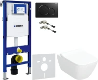 Комплект Унитаз подвесной Geberit Smyle Square 500.685.01.1 с микролифтом + Крепления Duofix 111.815.00.1 к стене + Звукоизоляция + Инсталляция UP 320 111.300.00.5 + Кнопка Sigma 01 115.770.DW.5 черная