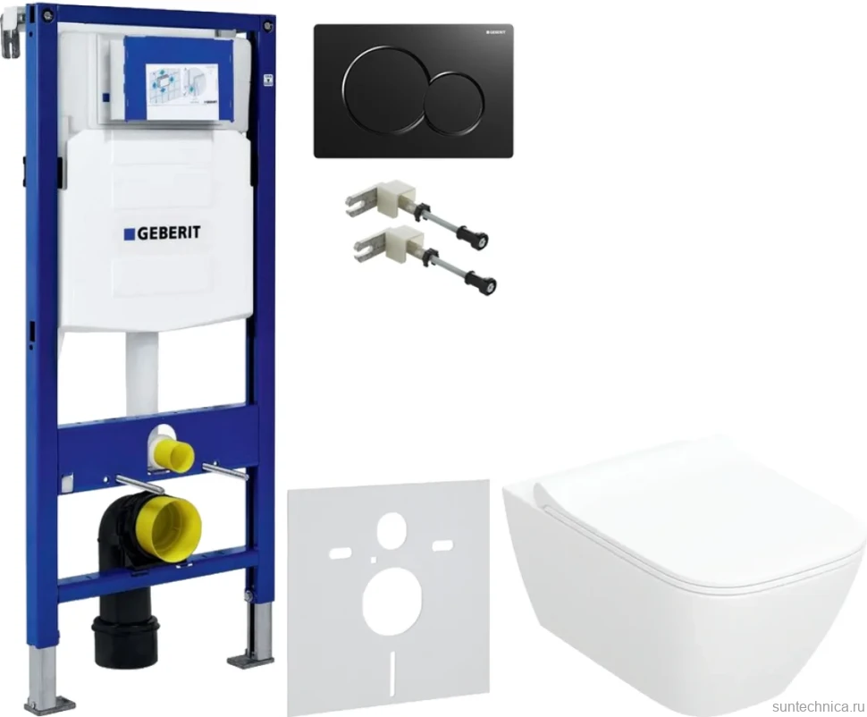Комплект Унитаз подвесной Geberit Smyle Square 500.685.01.1 с микролифтом + Крепления Duofix 111.815.00.1 к стене + Звукоизоляция + Инсталляция UP 320 111.300.00.5 + Кнопка Sigma 01 115.770.DW.5 черная
