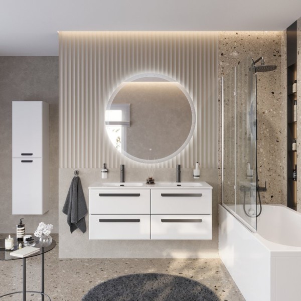 Мебель для ванной комнаты Cezares Eco Cer-N 120 4 ящика, bianco lucido, раковина Eco 120, двойная, ручки матовые черные