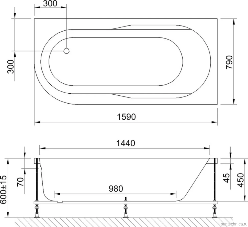 Акриловая ванна Royal Bath Azur RB 614202 R 160x80 см, угловая, правая, пристенная, белая, асимметричная, с каркасом