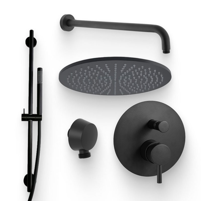 Душевой комплект Смеситель Paffoni Light LIG015NO С ВНУТРЕННЕЙ ЧАСТЬЮ + Гарнитур Life ZSAL135NO + Подключение Lusso ZACC130NO + Душ Master ZSOF074NO черный матовый + Кронштейн ZSOF034NO черный матовый