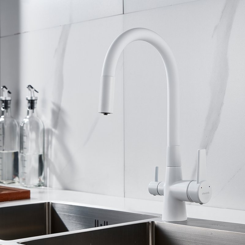 Смеситель для кухни Shevanik S668C с гибким изливом, белый