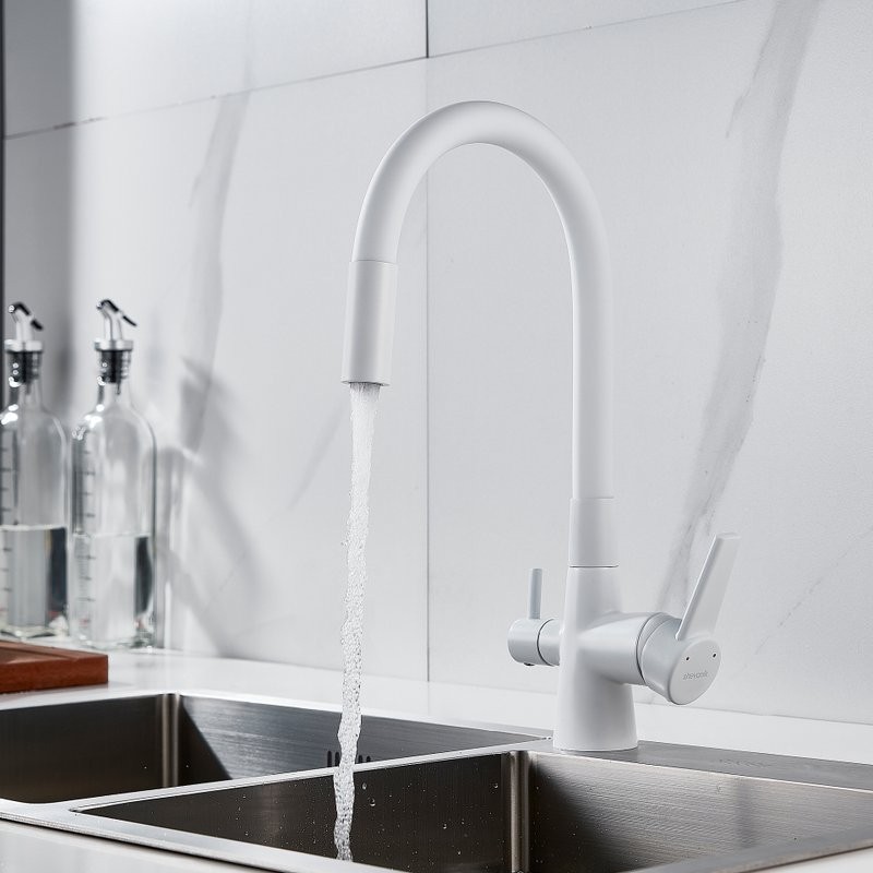 Смеситель для кухни Shevanik S668C с гибким изливом, белый