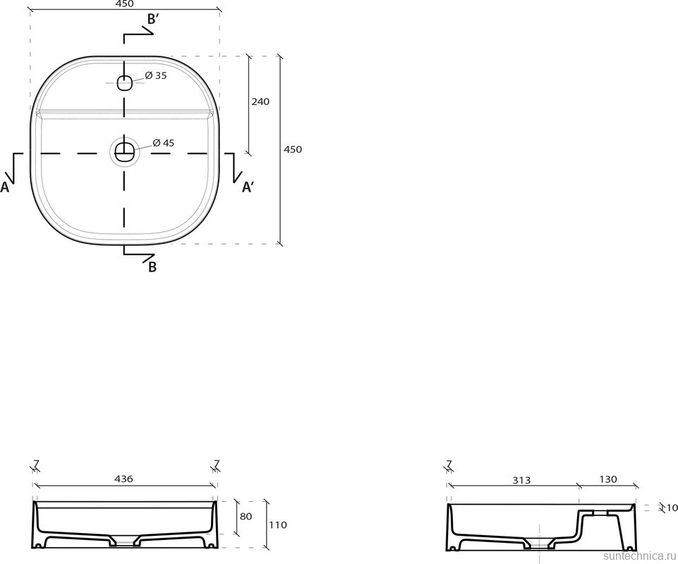 Накладная раковина Galassia SmartB 7403 45 глянцевая белая, квадратная, фаянс