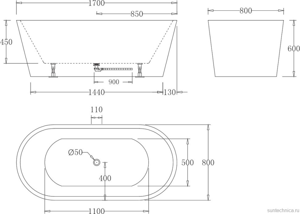Акриловая ванна BelBagno BB71-1700-NERO-W0 170x80 см, отдельностоящая, глянцевая черная, овальная, на ножках, с донным клапаном