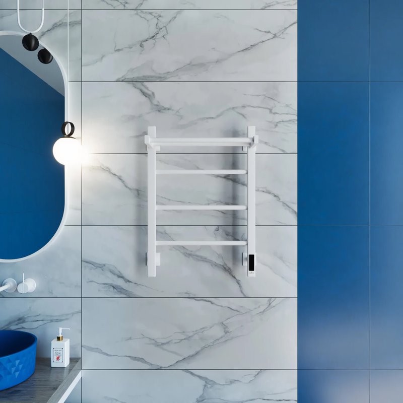 Полотенцесушитель электрический Grota App 430х600 RAL9016 EL 60x45 см, подключение справа, слева, скрытое подключение справа, матовый белый, лесенка, из стали, с полкой