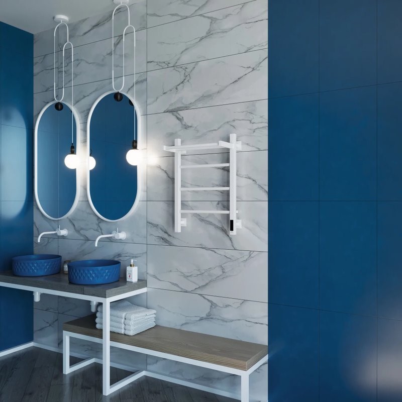 Полотенцесушитель электрический Grota App 430х600 RAL9016 EL 60x45 см, подключение справа, слева, скрытое подключение справа, матовый белый, лесенка, из стали, с полкой