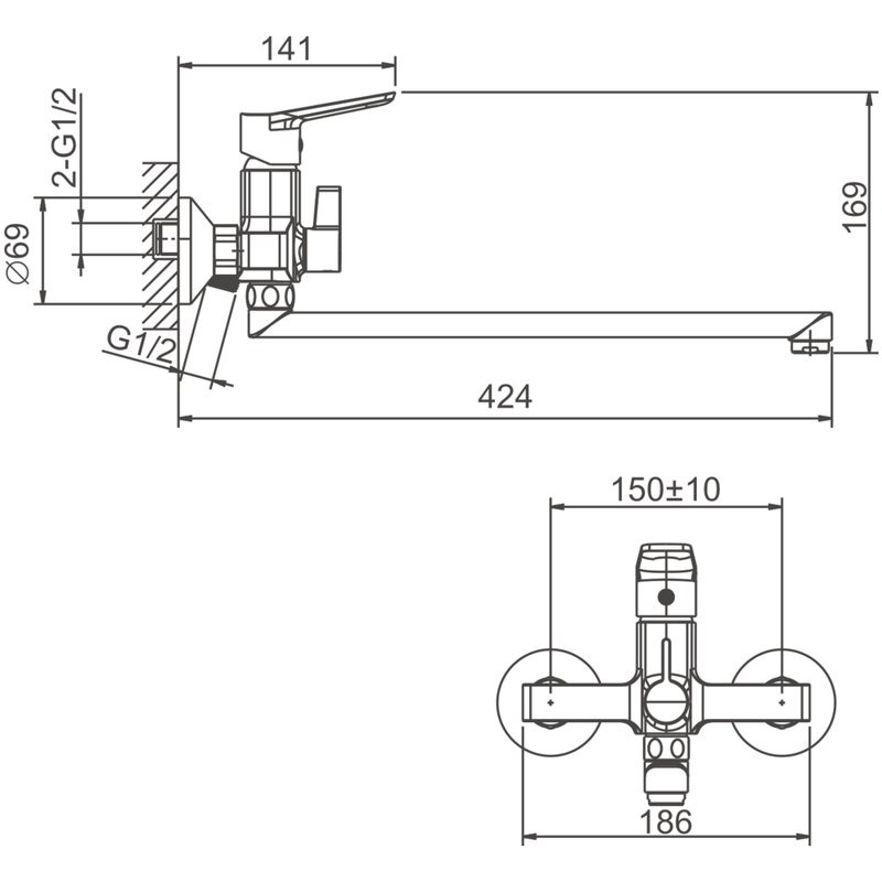 Смеситель с длинным изливом для ванны BELZ B715 B22715-7 черный