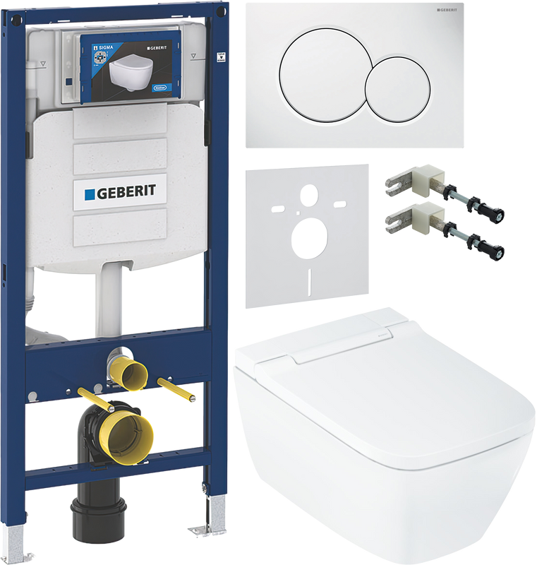 Комплект Умный унитаз Geberit AquaClean Sela Square безободковый, с биде, белый + Инсталляция Duofix UP 320 111.300.00.5 + Кнопка Sigma 01 115.770.11.5 белая + Звукоизоляция + Крепления 111.815.00.1 к стене