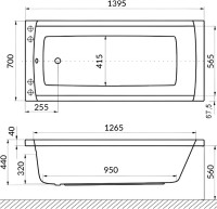 Акриловая ванна Excellent Aquaria Line Nano 140x70 см, встраиваемая, с гидромассажем, белая, с каркасом, со сливом-переливом, фурнитура золото