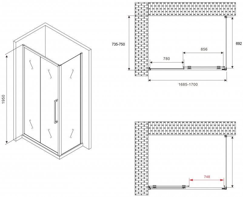 Душевой уголок Abber Schwarzer Diamant AG30170BH-S75B 170x75, профиль черный, стекло прозрачное