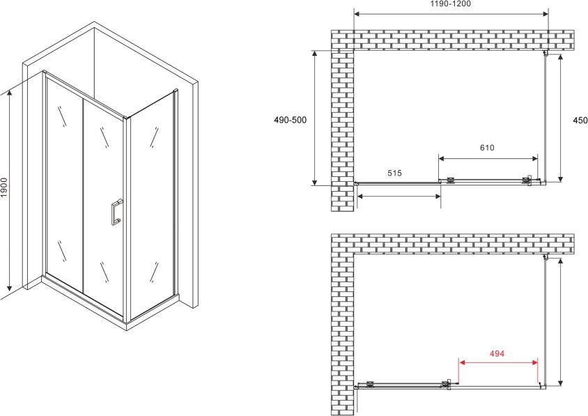 Душевой уголок Abber Schwarzer Diamant AG30120B5-S50B5 120x50, профиль черный, стекло прозрачное