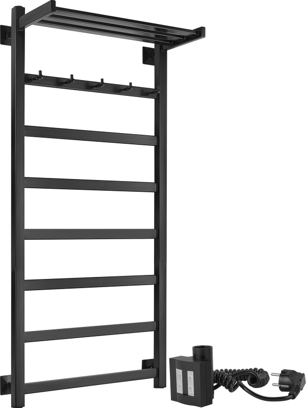 Полотенцесушитель электрический Secado Корсико 1 КСП , 105x55 см, подключение слева, матовый черный, лесенка, с полкой