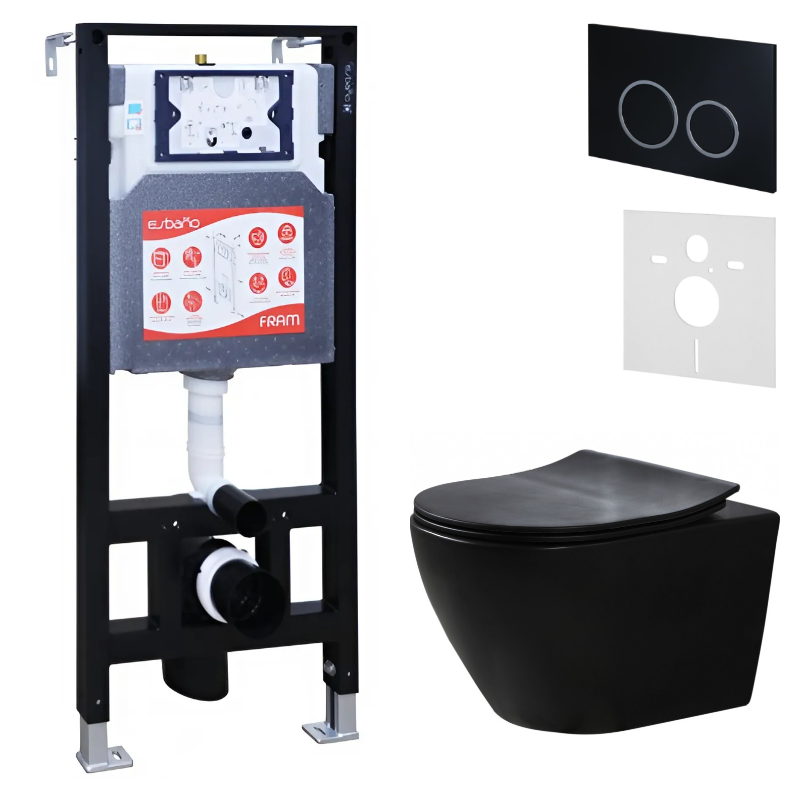 Комплект Унитаз подвесной Esbano Amapola ESUPAMAPBM матовый черный + Инсталляция Fram + Кнопка ESINKRG11MB