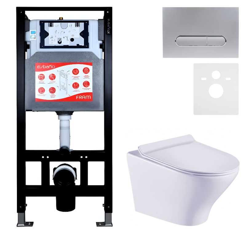 Комплект Унитаз подвесной Esbano Aster ESUPASTEW белый глянец + Инсталляция Fram + Кнопка ESINOVL17MC