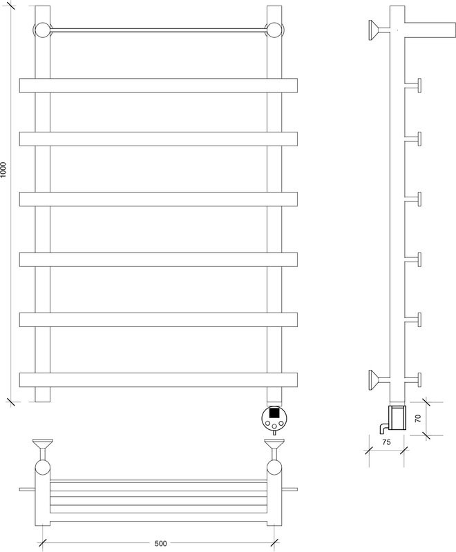 Полотенцесушитель электрический Secado Понтида 1 СП, R 100x60 см, подключение справа, матовый черный, лесенка, с полкой