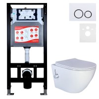 Комплект 3 в 1 Унитаз подвесной Esbano ESWBTERUWN + Инсталляция Fram + Кнопка ESINKRG11GW цвет глянцевый белый