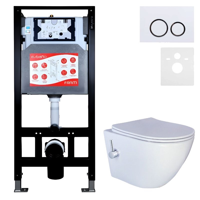 Комплект 3 в 1 Унитаз подвесной Esbano ESWBTERUWN + Инсталляция Fram + Кнопка ESINKRG11GW цвет глянцевый белый