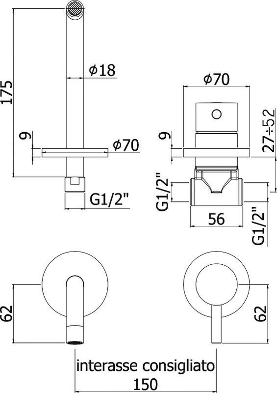 Смеситель для раковины Paffoni Light LIG006BO70 С ВНУТРЕННЕЙ ЧАСТЬЮ
