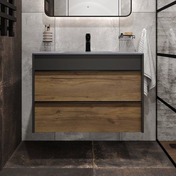 Тумба с раковиной STWORKI Гриндстед 80 дуб таксония, антрацит матовый, раковина 43081-112-KL антрацит
