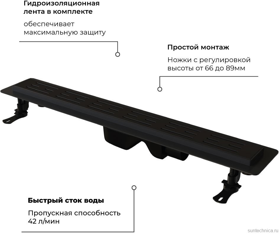 Душевой трап (лоток) RGW Drain Leo-30 черный, 60 см