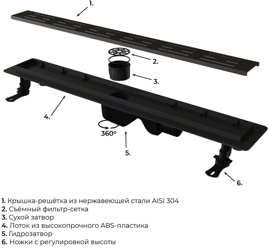 Душевой трап (лоток) RGW Drain Leo-30 черный, 60 см
