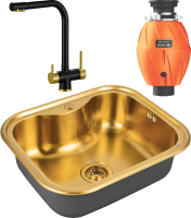 Комплект Мойка Zorg Inox PVD SZR 5848 BRONZE бронза + Смеситель Sanitary ZR 348 YF BLACK BRONZE + Измельчитель Omoikiri Nagare 500