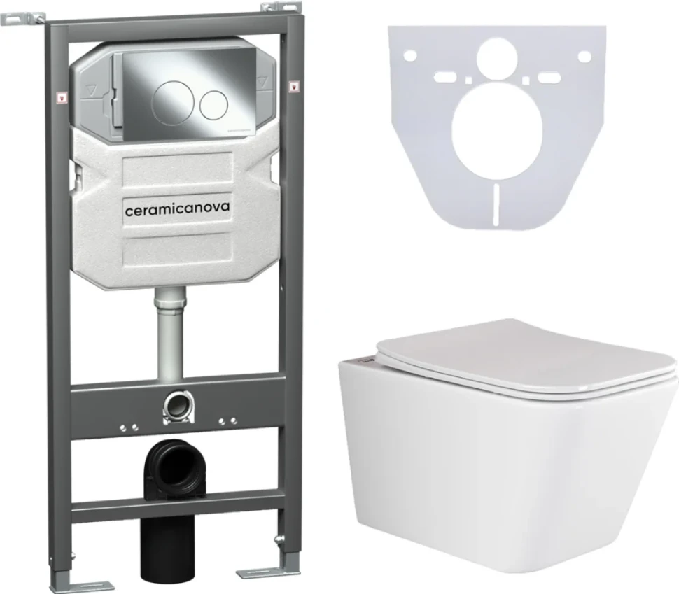 Комплект Унитаз подвесной Ceramicanova Metric CN3007 безободковый, с микролифтом + Инсталляция Envision CN1001CH + Кнопка Round, хром