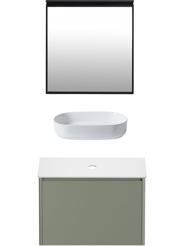 Мебель для ванной комнаты Allen Brau Gravity 80 1 ящик, матовая олива, столешница белая, раковина Fantasy Oval 55, белая