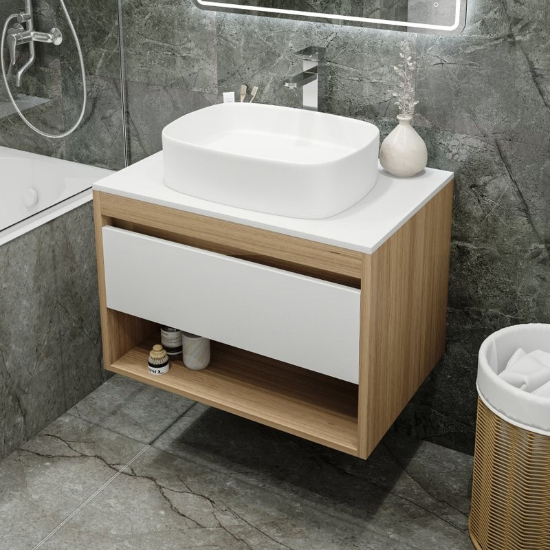 Тумба с раковиной Teymi Ritta 75 дуб эврика, матовая белая, раковина Solli 51