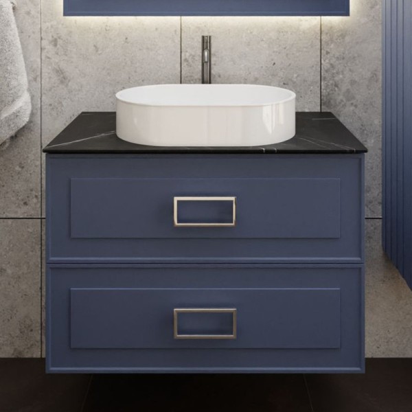 Тумба под раковину со столешницей La Fenice Cubo Twin Blu Grigi 80 подвесная, синяя матовая, столешница черный мрамор