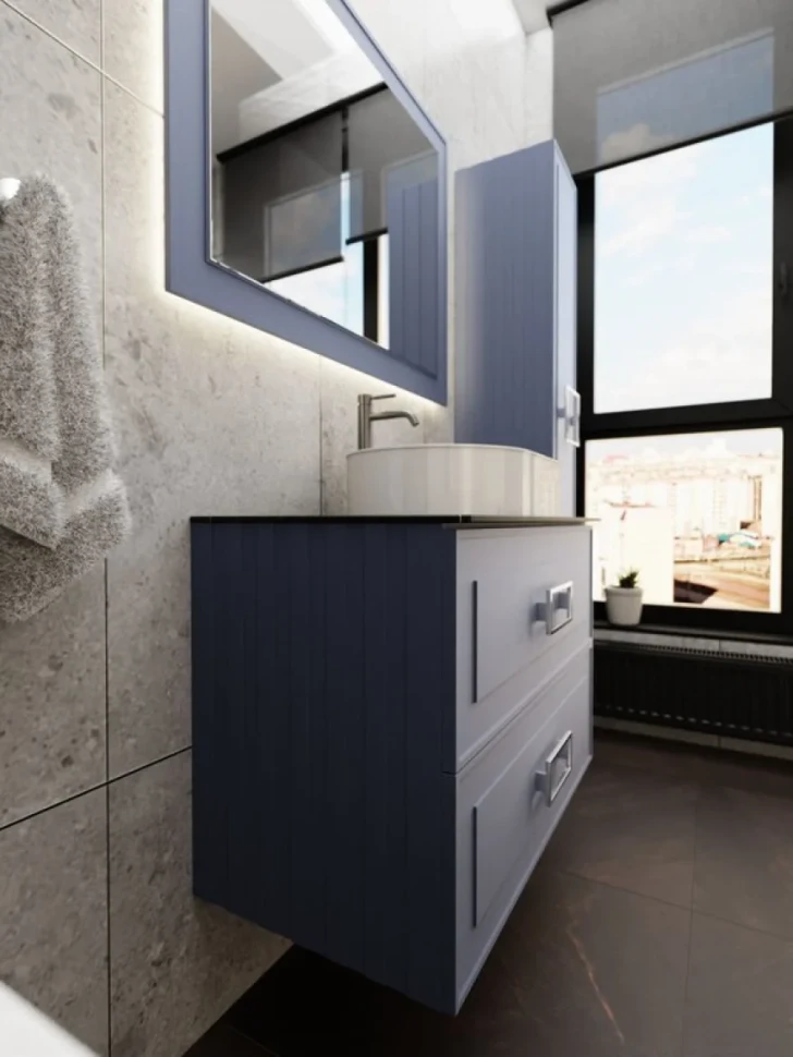 Тумба под раковину со столешницей La Fenice Cubo Twin Blu Grigi 80 подвесная, синяя матовая, столешница черный мрамор