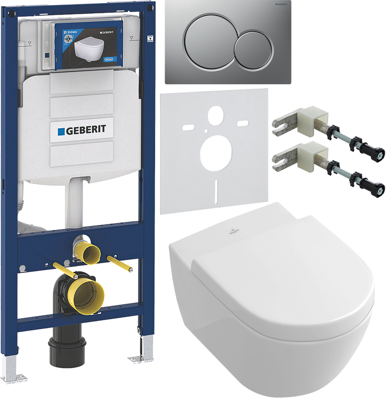 Комплект Унитаз подвесной Villeroy & Boch Subway 2.0 5614 R001 + Крышка 9M68 S101 с микролифтом, петли хром + Инсталляция Geberit Duofix UP 320 111.300.00.5 + Кнопка Sigma 01 115.770.JQ.5 лакированная, матовый хром + Крепления 111.815.00.1 к стене + Звуко